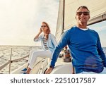 Small photo of Mature couple, people or sailing yacht bonding on ocean, sea or water in relax holiday, vacation or summer adventure. Smile, happy man or woman on luxury boat in retirement travel location or freedom
