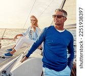 Small photo of Mature, happy couple or retirement sailing yacht on ocean, sea or water relax holiday, wealth vacation or success summer. Smile, man or woman on luxury boat in investment, travel or freedom adventure