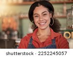 Small photo of Face portrait, cafe waiter and black woman ready to take orders. Coffee shop, barista and confident, happy and proud young female employee from Brazil, worker or small business owner of cafeteria.