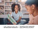 Small photo of Library, reading and happy, african children learning, education and English language for group development. Books, knowledge and school or classroom kid or friends for creative storytelling on floor