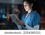 Small photo of Medical, research and night with doctor and tablet for planning, medicine and schedule. Technology, review and digital with black woman reading report for healthcare, science and life insurance news