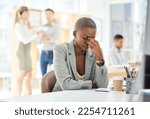 Black woman, headache or stress at desk in busy office, marketing agency or advertising company with target goals fail. Worker or employee with anxiety, burnout and mental health in creative business