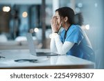 Small photo of Burnout stress, nurse and black woman in hospital feeling pain, tired or sick on night shift. Healthcare, wellness and female medical physician with depression or anxiety while working late on laptop
