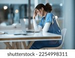 Small photo of Headache stress, nurse and black woman in hospital feeling pain, tired or sick on night shift. Healthcare, wellness or female medical physician with depression or burnout while working late on laptop