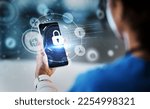 Small photo of Nurse, phone or healthcare in medical cybersecurity, life insurance or data safety lock on internet app or hospital database. Woman, doctor or futuristic technology in night overlay of software trust