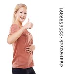 Small photo of Stomach, thumbs up and woman in studio for weight loss, digestion health and wellness in portrait. Yes, ok and success hand sign of woman with gut health, diet and happy with results in mockup