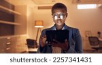 Small photo of Tablet, night reading business woman with glasses for social media marketing, digital analytics or website review in office. Manager, entrepreneur or black woman check online international b2b email