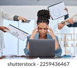 Headache, stress or black woman multitasking documents, portfolio or paperwork for deadlines with anxiety. Bad time management, office chaos or frustrated worker with fatigue, depression or burnout