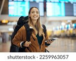 Airport, travel and portrait of woman with passport, flight ticket or information of immigration, journey and backpack. Young person, identity document and international registration. faq or about us
