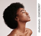 Small photo of Beauty, black woman profile and skincare aesthetic with skin glow and cosmetics in a studio. Dermatology, facial and self care of a young person model feeling calm from cosmetic and detox treatment