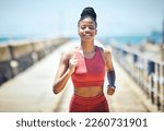 Small photo of Black woman, fitness and running with smile for exercise, cardio workout or training in the outdoors. Happy African American female runner smiling in run, exercising or marathon for healthy lifestyle