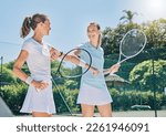 Small photo of Woman, tennis court and together for smile, athlete and support with elbow for motivation at training. Women, coaching and respect with sport, goals or happy for workout, exercise or excited for game