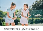 Small photo of Tennis, sport and women with athlete and coach on outdoor turf, training instructor with fitness motivation and help. Exercise, sports lesson and workout together, teaching and learn skill on court