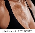 Small photo of Woman, sweat and chest from intense workout, fitness or physical exercise in fat burn or weight loss. Sweaty female upper body in healthy cardio exercising, running or stamina training persperation