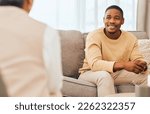 Small photo of Black man, counseling and psychology consulting for therapy, mental healthcare or support. Happy patient talking to psychologist, therapist and medical help in consultation, advice and wellness check