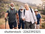 Small photo of Hiking, smile and group of old men on mountain for fitness, trekking and backpacking adventure. Explorer, discovery and expedition with senior friends walking for health, retirement and journey