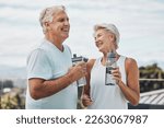 Small photo of Senior couple, fitness and water bottle with smile for hydration or thirst after workout, exercise or training in nature. Happy elderly man and woman smiling for natural refreshment from exercising