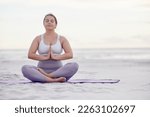Small photo of Yoga meditation zen, beach and woman meditate for spiritual mental health, chakra energy balance or soul healing. Nature mockup, freedom peace and plus size girl with mindfulness, mindset or wellness