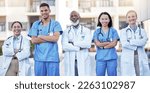 Small photo of Diversity, proud and doctors portrait in healthcare service, hospital integrity and teamwork or leadership. Group of medical staff, nurses or professional employees, clinic mission or workforce goals
