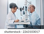 Small photo of Vision, eye exam and writing with a doctor woman or optometrist testing the eyes of a man patient in a clinic. Hospital, medical or consulting with a female eyesight specialist and senior male