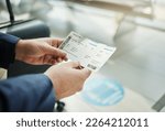 Small photo of Plane ticket in hands, travel and person at airport, waiting on flight for business trip, check in and boarding. Closeup, .professional conference or convention with travelling for work and journey