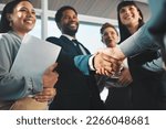 Handshake, business people and diversity partnership, collaboration or b2b welcome, thank you and meeting success. People shaking hands in job interview, career promotion or hiring deal in emoji sign
