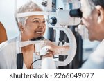 Small photo of Senior woman, eye exam and optometrist with medical eyes test at doctor consultation. Vision, healthcare focus and old female patient with consulting wellness expert for lens and glasses check