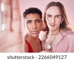 Small photo of Selfie, gen z and men with makeup, social media and relax with casual, trendy or edgy clothes. Portrait, queer people or guys with style, retro or vintage with support, solidarity and studio backdrop
