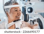 Face, eye exam or happy woman in test or consulting doctor for eyesight assessment at optometrist office. Senior customer testing vision with optician helping or checking iris or retina visual health