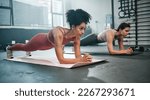 Small photo of Girl friends, plank and gym fitness of women doing exercise, workout and body wellness. Motivation, woman focus and challenge of people in sports training and athlete class exercising for health