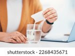 Small photo of Woman, medicine and effervescent in water, glass and healthcare for relief, multivitamin and symptoms. Closeup sachet of powder, supplement and medical drink for worker with energy, wellness and cure