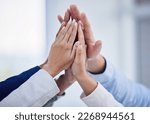 Small photo of Solidarity, high five and support with hands of business people in office for teamwork, celebration or motivation. Commitment, victory and success with group of friends for achievement, unity or deal