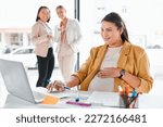 Small photo of Gossip, pregnancy shame or business people pointing at pregnant woman in office working on laptop. Colleagues in workplace bullying, employee victim exclusion or worker harassment and discrimination