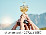Small photo of Sports, champion and hands of team with trophy for achievement, goal and success together. Celebration, winner and people holding an awards cup after winning a sport competition or rugby tournament