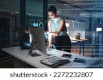 Small photo of Office computer, hologram or night person reading future administration dashboard, research chart or ui software. Digital transformation, cloud computing overlay and black woman work on data analysis