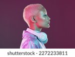 Small photo of Cyberpunk headphones, black woman and fashion in studio, holographic beauty and vaporwave clothes. Futuristic model, young gen z and listening to music with neon aesthetic, audio technology and face