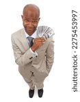 Small photo of Money is the product of success. A handsome businessman showing you a wad of cash while isolated on a white background.