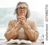 Small photo of Bible, praying or senior woman in prayer reading book for holy worship, support or hope in Christianity or faith. Relax, meditation or elderly person studying or learning God in spiritual religion