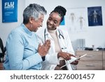 Black woman, doctor and elderly patient with good news, tablet and results for health, advice and report. Happy african medic, mobile touchscreen or healthcare with smile, tech or support in hospital