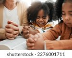 Small photo of Bible, prayer or hands of grandmother with kids or siblings for worship, support or hope in Christianity. Children education, praying or old woman studying, reading book or learning God in religion