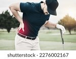 Small photo of Sports, muscle and golf, man with back pain during game on course, massage and relief in health and wellness. Green, hands on injury in support and golfer with body ache at golfing workout on grass.