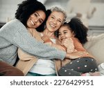 Small photo of Happy, hug and portrait of family with affection, visit and bonding on mothers day. Smile, interracial and mother, child and grandmother hugging, being affectionate and cheerful for quality time