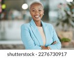 Office portrait, leader and happy black woman, business manager or employee smile for startup company success. Management, corporate person and African female, bank admin or professional consultant