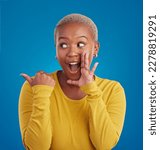 Small photo of Black woman, gossip and secret in studio with hand on face for sale announcement. African female model on a blue background to whisper message, news information or wow rumor pointing at mockup deal