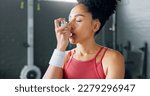 Small photo of Exercise woman, asthma inhaler breathe at gym with fitness coach for chest relief and wellness. Black woman anxiety, asma attack sitting on floor at training workout for body health in Los Angeles