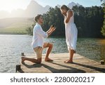 Small photo of Man, woman and marriage proposal by lake on vacation with surprise, wow or happiness in sunshine. Couple, engagement and offer ring in nature for romance, love and happy on holiday in summer by water