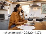 Small photo of Woman, phone call and remote work with laptop, conversation and communication with technology. Female freelance employee talking, working from home with networking or telemarketing, sales and telecom
