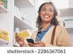Small photo of Pharmacy, product and phone of customer or woman with medicine choice, health insurance app and medical choice. Happy biracial person at drugs store, shelf and mobile thinking of healthcare decision