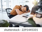 Small photo of Tired, business man and sleeping at desk in office with burnout risk, stress problem and nap for low energy. Fatigue, lazy and depressed male employee with anxiety, overworked and bored in workplace