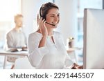 Call center, computer and friendly with woman in office for customer service, technical support and advice. Technology, contact us and communication with employee operator in help desk agency